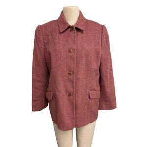 Lands End Womens Herringbone Blazer Jacket 14P Wool Blend Red Button-Up Fundrais